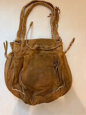 Olivia Harris Distressed Tan Leather Braided-Handle Shoulder Bag
